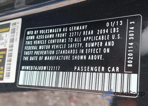 2013 Volkswagen Gti 2-Door from USA, damaged, VIN WVWED7AJ8DW122117